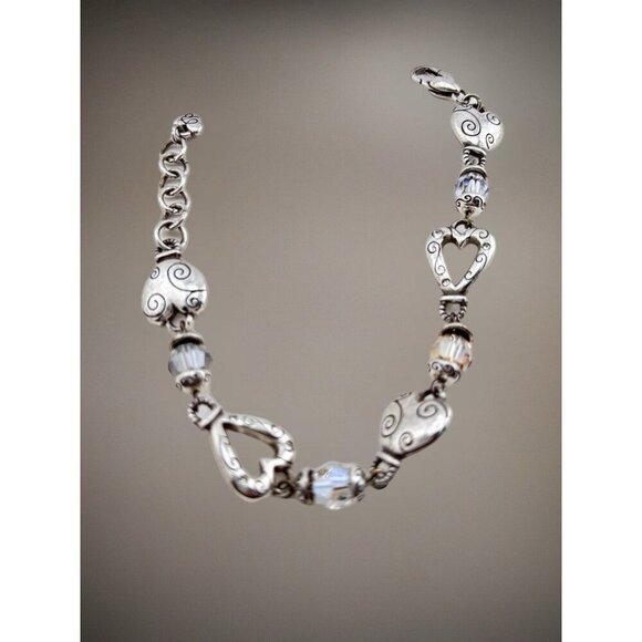 Brighton Heartland Bracelet Silver Scroll Hearts Crystals Adjustable 7-8” - Picture 1 of 4
